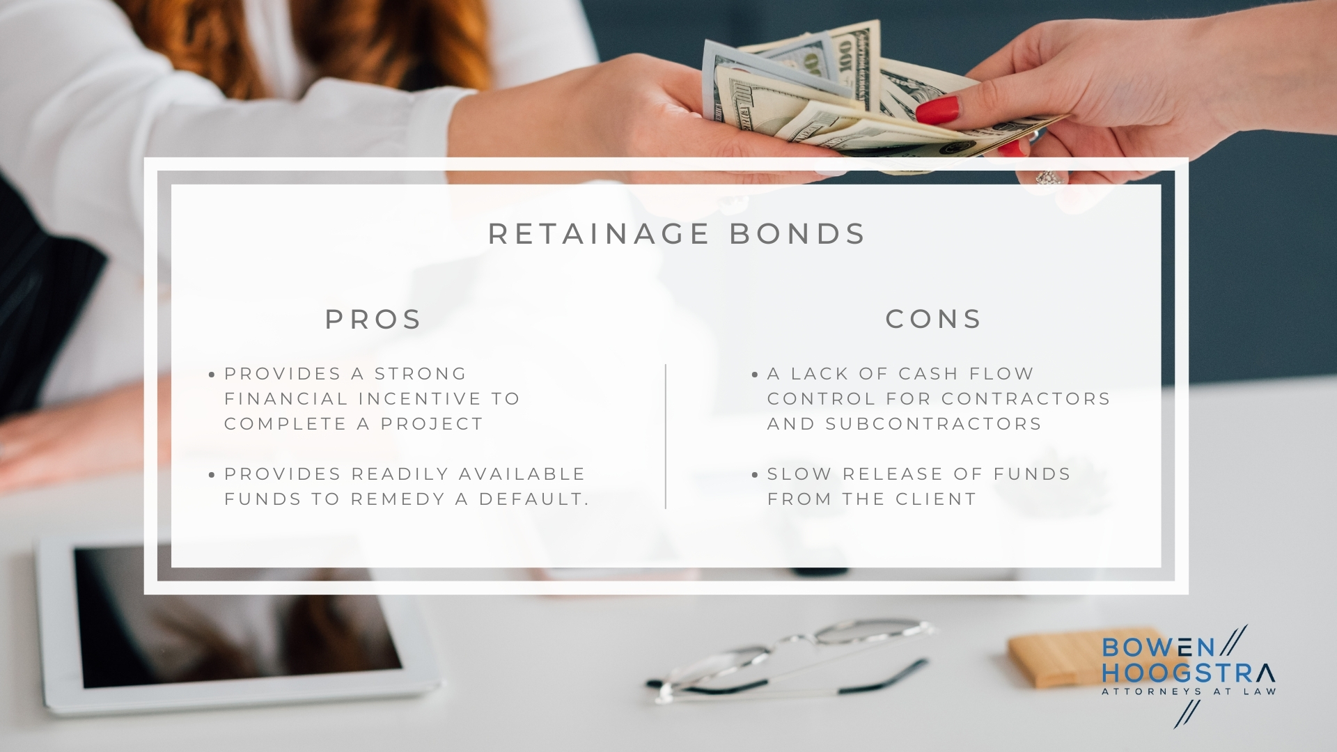 Infographic of the pros and cons of retainage bonds