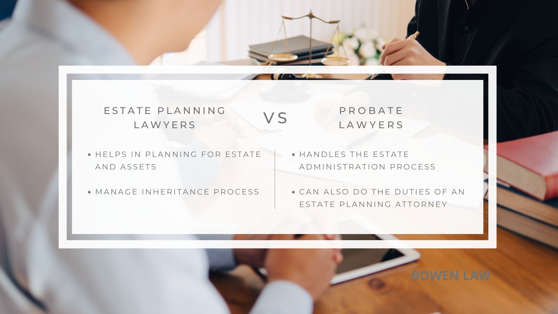 Infographic image of estate planning lawyers vs probate lawyers