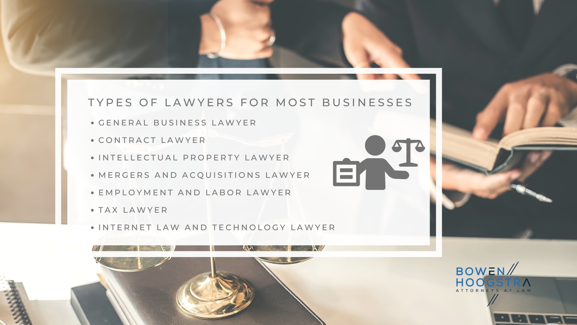 Infographic image of the types of lawyers for most businesses