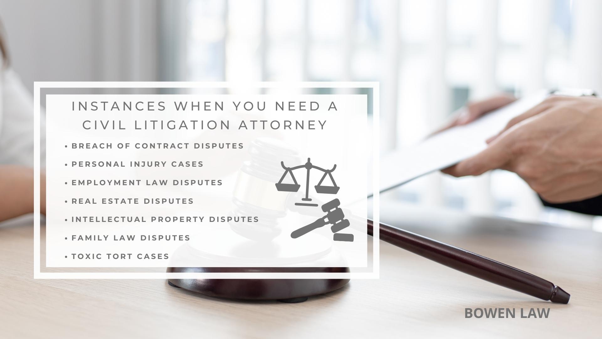 Infographic image of instances when you need a civil litigation attorney