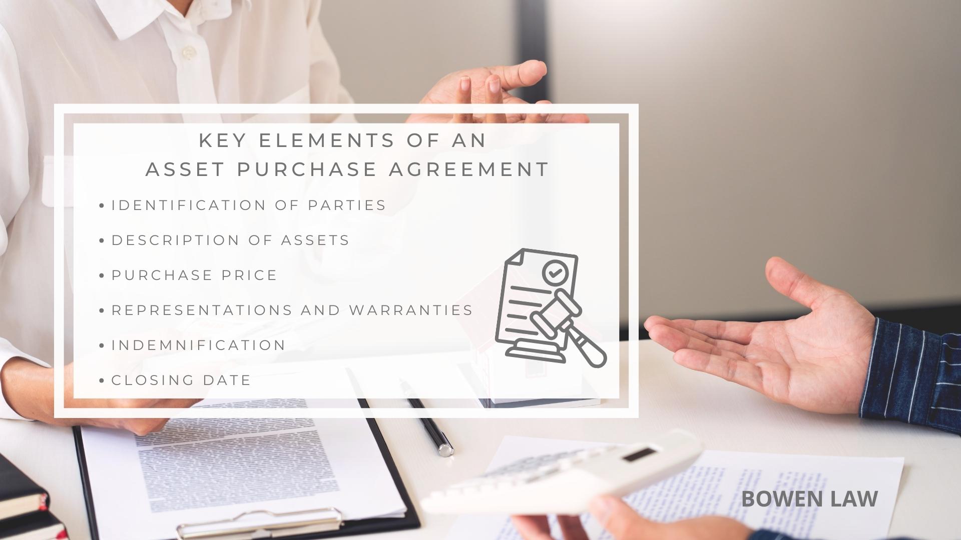 Infographic image of key elements of an asset purchase agreement