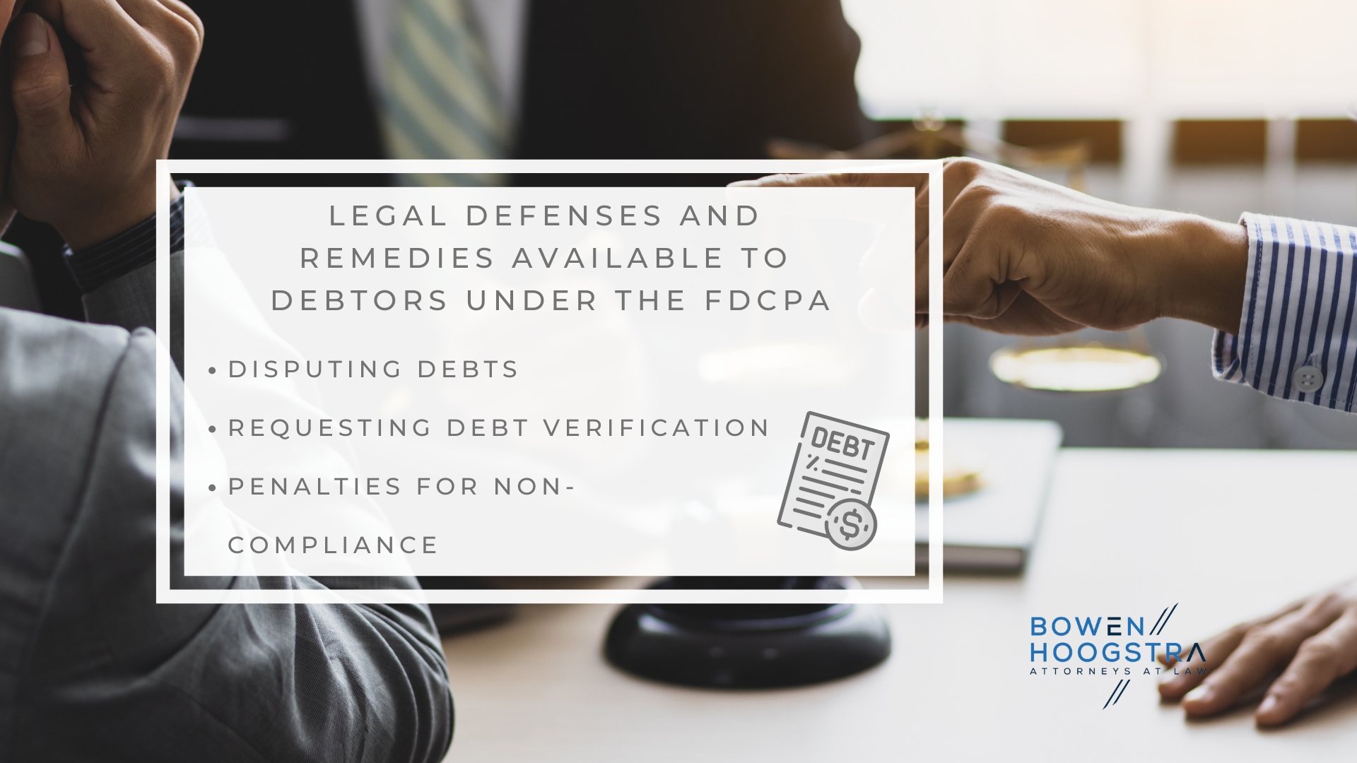 Infographic image of legal defenses and remedies available to debtors under the FDCPA